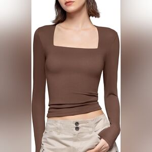 PUMIEY Women's Square Neck Long Sleeve T Shirts Slim Fit Tops Basic Tee Smoke Cl